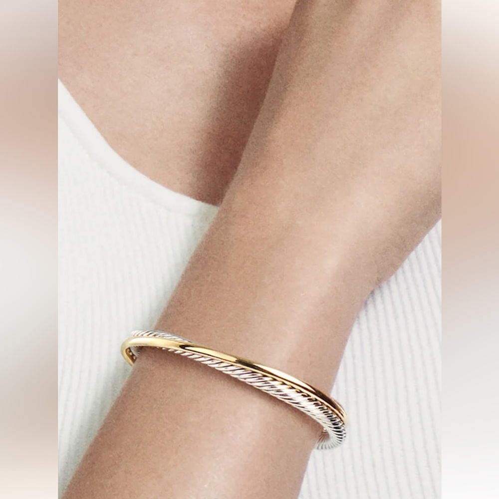 Crossover Two Row Cuff Bracelet in Sterling Silver with 18K Yellow Gold